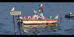  1girl animal animal_on_head bird bird_on_head boat brown_hair catamaran english highres kogecha_(coge_ch) leg_hug letterboxed medium_hair on_head original profile school_uniform seagull serafuku sitting solo water watercraft 