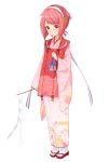  1girl arm_at_side bangs blue_ribbon blush closed_mouth fire_emblem fire_emblem_if full_body geta gohei hairband holding japanese_clothes kimono leaf_print long_sleeves looking_at_viewer pink_hair pink_kimono pouch print_kimono raised_eyebrows red_eyes red_footwear red_ribbon ribbon ribbon_trim sakura_(fire_emblem_if) shiny shiny_hair short_hair smile solo standing tabi tareme transistor white_hairband white_legwear wide_sleeves 