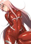  1girl aqua_eyes bangs blush bodysuit breasts commentary_request covered_navel darling_in_the_franxx domo1220 head_tilt horns long_hair medium_breasts parted_lips pilot_suit pink_hair red_bodysuit simple_background skin_tight solo very_long_hair white_background zero_two_(darling_in_the_franxx) 