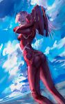  1girl absurdres arms_up ass bangs bird blue_sky bodysuit breasts darling_in_the_franxx day dutch_angle eyeshadow feet_out_of_frame from_behind green_eyes hairband highres horns legs_apart light- long_hair looking_at_viewer looking_back makeup medium_breasts outdoors pilot_suit pink_hair red_bodysuit sketch skin_tight sky solo standing tsurime white_hairband zero_two_(darling_in_the_franxx) 