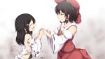 2girls black_hair blood bow brown_eyes collarbone detached_sleeves from_side hair_between_eyes hair_bow hair_ornament hair_tubes hakurei_reimu hand_holding lockheart long_hair multiple_girls red_bow red_shirt red_skirt ribbon-trimmed_sleeves ribbon_trim sendai_hakurei_no_miko shirt short_hair skirt torn_clothes torn_sleeves touhou white_skirt 