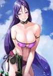  1girl 55level arm_guards armlet bare_shoulders bikini blue_sky breasts cleavage fate/grand_order fate_(series) grin highres large_breasts long_hair looking_at_viewer minamoto_no_raikou_(fate/grand_order) minamoto_no_raikou_(swimsuit_lancer)_(fate) navel purple_bikini purple_hair sky smile solo swimsuit very_long_hair violet_eyes 