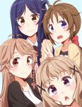  4girls absurdres bangs black_jacket blue_background blue_hair blush bow braid brown_eyes brown_hair cardigan closed_mouth collared_dress dress eyebrows_visible_through_hair hair_bow hair_ornament hairclip high_school_fleet highres jacket kapatarou light_brown_hair long_hair marikouji_kaede multiple_girls nosa_kouko open_mouth pink_bow pink_dress red_bow shirt sidelocks simple_background smile twin_braids uda_megumi very_long_hair violet_eyes white_dress white_shirt x_hair_ornament yagi_tsugumi 