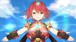  1girl blush breasts earrings fingerless_gloves gloves hair_ornament pyra_(xenoblade) jewelry large_breasts looking_at_viewer red_eyes redhead short_hair simple_background smile solo tiara xenoblade xenoblade_2 yappen 