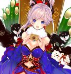  1girl bamboo blue_dress blue_eyes blush breasts cleavage detached_sleeves dog dress fate/grand_order fate_(series) hair_ornament highres itohime long_hair looking_at_viewer medium_breasts midriff miyamoto_musashi_(fate/grand_order) navel new_year o-ring open_mouth ponytail sidelocks silver_hair sleeveless sleeveless_dress solo stomach 