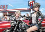  3girls alisa_(girls_und_panzer) bangs black_jacket blonde_hair blue_eyes blue_shorts bracelet breasts brown_eyes brown_hair camisole car casual cigarette cleavage closed_mouth collared_shirt commentary day denim denim_shorts drinking driving earrings emblem english eyebrows_visible_through_hair freckles gas_station girls_und_panzer ground_vehicle hair_intakes hand_in_pocket highres holding holding_cigarette hoop_earrings jacket jewelry kay_(girls_und_panzer) leather leather_jacket long_hair looking_at_viewer medium_breasts motor_vehicle motorcycle multiple_girls naomi_(girls_und_panzer) one_eye_closed open_clothes open_jacket open_mouth outdoors purple_shirt riding saunders_(emblem) shirt short_hair short_twintails shorts sky sleeves_rolled_up smile smoke soda_cup solokov_(okb-999) straw striped striped_shirt sunglasses twintails vehicle_request very_short_hair white_belt white_shirt 