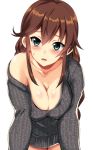  1girl bare_shoulders blush breasts brown_hair cleavage collarbone eyebrows_visible_through_hair green_eyes kantai_collection kyougoku_shin large_breasts leaning_forward long_hair looking_at_viewer naked_sweater navel noshiro_(kantai_collection) off_shoulder open_mouth shiny shiny_skin simple_background smile solo standing sweatdrop sweater white_background 