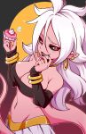  1girl android_21 android_21_(evil) black_sclera breasts detached_sleeves dragon_ball dragon_ball_fighterz earrings highres hoop_earrings jewelry long_hair lyn_(shunao) majin_android_21 monster_girl nail_polish pink_skin pointy_ears red_eyes solo tail 