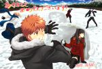  2girls 3boys archer arm_support artoria_pendragon_(all) black_coat black_gloves black_hair black_pants black_skirt blonde_hair blue_hair blue_scarf blue_skirt brown_eyes brown_hair clenched_teeth dark_skin day emiya_shirou fate/stay_night fate_(series) fur_trim gloves hood lancer long_hair looking_back miniskirt multiple_boys multiple_girls one_eye_closed orange_scarf outdoors pants pleated_skirt ponytail saber scarf shirt short_hair_with_long_locks sidelocks silver_hair skirt smile snowball snowball_fight spiky_hair takeluuu teeth thigh-highs throwing tohsaka_rin twintails white_shirt zettai_ryouiki 