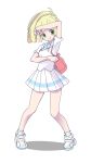  1girl absurdres backpack bag blonde_hair female green_eyes highres lillie_(pokemon) long_hair nagitaro pokemon pokemon_(game) pokemon_sm ponytail shirt short_sleeves simple_background skirt smile solo white_background white_shirt white_skirt 