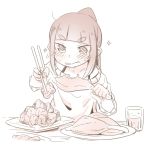  +_+ 1girl :t akari_(raigou) bangs blunt_bangs blush chopsticks closed_mouth collarbone cup drink drinking_glass eyebrows_visible_through_hair fingernails food food_request high_ponytail holding holding_chopsticks holding_food long_hair long_sleeves looking_away looking_down monochrome original plate ponytail raigou sepia solo sparkle sweat sweater thick_eyebrows tongue tongue_out v-shaped_eyebrows 