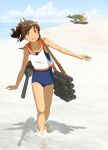  1girl :d aircraft airplane bare_arms bare_legs bare_shoulders beach blue_sky blue_swimsuit brown_eyes brown_hair clouds collarbone competition_school_swimsuit day full_body horizon i-401_(kantai_collection) kantai_collection kontanro looking_at_viewer m6a_seiran motion_blur ocean open_mouth orange_sailor_collar ponytail propeller rigging sailor_collar sand shadow shiny shiny_hair shirt shore short_hair sky sleeveless sleeveless_shirt smile solo sunlight swimsuit tareme thigh_gap walking water white_shirt 