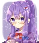  1girl abe_suke alternate_hairstyle bangs bespectacled blue_bow blush bow bowtie closed_eyes closed_mouth cup eyebrows_visible_through_hair glasses hair_bow holding long_hair looking_at_viewer patchouli_knowledge ponytail purple_hair red_bow red_neckwear semi-rimless_eyewear sidelocks signature solo sparkle touhou under-rim_eyewear upper_body violet_eyes 