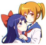  2girls :3 blue_eyes bow eyebrows_visible_through_hair hair_bow hair_ornament hair_scrunchie hiroichi long_hair looking_at_viewer multiple_girls pipimi poptepipic popuko red_bow school_uniform scrunchie serafuku short_hair sidelocks simple_background two_side_up upper_body white_background yellow_eyes yuri 