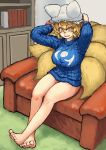  1girl :d animal_ears bare_legs barefoot blonde_hair blue_sweater bookshelf breasts chanta_(ayatakaoisii) couch eyebrows_visible_through_hair fox_ears fox_tail hands_up hat highres huge_breasts indoors long_sleeves looking_at_viewer multiple_tails open_mouth pillow_hat ribbed_sweater short_hair sitting slit_pupils smile solo sweater tail touhou tree white_hat yakumo_ran 