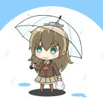  1girl bag blue_eyes brown_hair brown_skirt chibi full_body hair_ornament holding holding_bag holding_umbrella kantai_collection kumano_(kantai_collection) long_hair pleated_skirt ponytail rain school_uniform shopping_bag skirt smile solo tarebin thigh-highs umbrella 