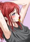  1girl adjusting_hair armpits arms_up blush hair_tie long_hair looking_at_viewer love_live! love_live!_school_idol_project mouth_hold nishikino_maki redhead ribbon_in_mouth shogo_(4274732) sweatdrop tying_hair violet_eyes 