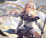  1girl armor armored_dress banner black_dress black_legwear blonde_hair breasts breasts_apart cowboy_shot day dress eyebrows_visible_through_hair fate/apocrypha fate_(series) floating_hair gauntlets green_eyes hair_between_eyes highres holding holding_weapon jeanne_d&#039;arc_(fate) jeanne_d&#039;arc_(fate)_(all) large_breasts long_hair neko-hime_(neko-hime) outdoors ponytail solo standing thigh-highs very_long_hair weapon 