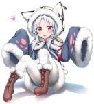  1girl :3 :d absurdres animal_ears animal_print armband azur_lane bangs blue_coat blush boots brown_footwear changchun_(azur_lane) commentary_request cross-laced_footwear eyebrows_visible_through_hair full_body fur-trimmed_boots fur-trimmed_sleeves fur_trim hair_ornament highres hood hood_up hooded_capelet lace-up_boots long_sleeves looking_at_viewer nedia_(nedia_region) open_mouth pantyhose parted_bangs red_eyes sidelocks silver_hair sitting sleeves_past_fingers sleeves_past_wrists smile solo striped tiger_ears tiger_hood tiger_print vertical_stripes violet_eyes white_background white_legwear wide_sleeves 