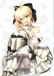  1girl :d ahoge armor armored_boots armored_dress artoria_pendragon_(all) black_bow blonde_hair boots bow dress eyebrows_visible_through_hair fate/unlimited_codes fate_(series) gauntlets green_eyes hair_between_eyes hair_bow head_tilt leg_hug looking_at_viewer open_mouth pantyhose saber_lily sen_(77nuvola) short_hair_with_long_locks sidelocks simple_background sitting sleeveless sleeveless_dress smile solo thigh-highs thigh_boots white_background white_dress white_feathers white_legwear 