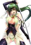  1girl arm_up armpits bare_shoulders bow breasts cleavage earrings elbow_gloves fingerless_gloves gloves green_eyes green_hair hair_bow highres holding holding_sword holding_weapon jewelry katana large_breasts long_hair looking_at_viewer magaki_ryouta open_mouth original page_number ponytail scan simple_background sleeveless smile solo sword thigh-highs weapon white_background 