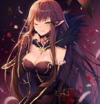  1girl black_hair breasts cleavage detached_sleeves fate/apocrypha fate_(series) feathers flower highres kuro_futoshi large_breasts long_hair one_eye_closed petals pointy_ears semiramis_(fate) smile solo yellow_eyes 