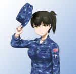  1girl alternate_costume black_hair blue_background camouflage gradient gradient_background hat hat_holding hat_removed headwear_removed kaga_(kantai_collection) kantai_collection lifted_by_self looking_at_viewer maaranto military military_uniform rising_sun short_hair side_ponytail solo sunburst uniform upper_body yellow_eyes 