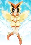  1girl ;d aqua_eyes baggy_shorts bangs black_hair blue_background boots breasts chikorita85 detached_sleeves double_v feathers foot_wings full_body gloves hat knees_touching midriff navel one_eye_closed open_mouth parted_bangs personification pokemon pokemon_(creature) pokemon_(game) pokemon_bw pokemon_ears raised_hands small_breasts smile solo star starry_background v victini wings 
