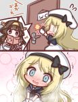  2girls :3 ahoge beret black_bow black_sailor_collar black_shirt blonde_hair blue_eyes blush bow brown_hair closed_mouth comic commentary_request crying crying_with_eyes_open door dress flying_sweatdrops gloves hat have_to_pee headgear indoors jervis_(kantai_collection) kantai_collection komakoma_(magicaltale) kongou_(kantai_collection) long_hair multiple_girls nontraditional_miko nose_blush open_mouth reading sailor_collar shirt tears toilet_use translation_request trembling very_long_hair violet_eyes wavy_mouth white_dress white_gloves white_hat 