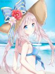  1girl absurdres arm_strap artist_name beach blue_bikini_top blue_bow blue_eyes blue_sky bow breasts brown_hat clouds day fate/grand_order fate_(series) floating_hair flower hat hat_bow hat_flower highres long_hair looking_at_viewer looking_back marie_antoinette_(fate/grand_order) marie_antoinette_(swimsuit_caster)_(fate) medium_breasts mian.h ocean open_mouth outdoors red_flower sideboob silver_hair sky solo straw_hat striped striped_bow sun_hat twintails upper_body very_long_hair white_flower 