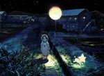  1girl antennae balloon bayashiko black_eyes black_hair commentary_request glowing grass hood hood_up long_sleeves looking_to_the_side night night_sky original outdoors rice_paddy riverbank shoes sky solo standing star star_(sky) starry_sky village white_footwear 