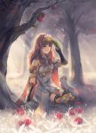  1girl anocurry armor bird cape celica_(fire_emblem) dress fingerless_gloves fire_emblem fire_emblem_echoes:_mou_hitori_no_eiyuuou forest gloves jewelry long_hair nature red_eyes redhead smile tiara 