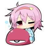  1girl blue_pants blue_shirt blush chibi collared_shirt eyebrows_visible_through_hair heart komeiji_satori one_eye_closed pants pink_eyes pink_hair shirt short_hair simple_background third_eye touhou twumi white_background 