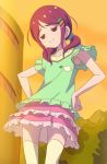  1girl frilled_skirt frills hair_ornament hands_on_hips haruyama_kazunori hugtto!_precure nono_hana pink_skirt precure red_eyes redhead short_hair short_twintails skirt solo standing thigh-highs twintails white_legwear 