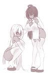  2girls ahoge ass bare_shoulders breasts bridal_gauntlets cleavage_cutout commentary dark_skin elbow_gloves flip-flops glasses gloves greyscale hair_between_eyes hair_ornament hairclip hand_on_another&#039;s_shoulder highres huge_breasts long_hair looking_at_another monochrome multiple_girls original pelvic_curtain sandals sketch squatting sub-res tears thigh-highs very_long_hair 