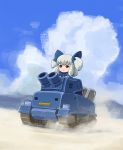  1girl artist_name blue_neckwear blue_sky blush bow bowtie brown_eyes cannon closed_mouth clouds cloudy_sky commentary_request driving grey_hair ground_vehicle mclelun metal_slug military military_vehicle motor_vehicle outdoors sand sky smile solo tank twintails 