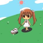  1girl anchor bare_shoulders brown_eyes brown_hair chibi dog dress eyebrows_visible_through_hair hair_ribbon highres kantai_collection libeccio_(kantai_collection) long_hair neckerchief outdoors paravane ribbon sailor_dress sleeveless sleeveless_dress solo striped_neckwear sun tarebin twintails walking 