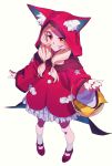  1girl animal_hood basket blonde_hair closed_mouth commentary_request full_body grey_legwear hand_up highres hood hood_up hoodie kamameshi_gougoumaru light_blush little_red_riding_hood little_red_riding_hood_(grimm) long_sleeves looking_at_viewer low_twintails mary_janes orange_eyes original pigeon-toed red_footwear red_hood red_hoodie shoes simple_background socks solo standing twintails white_background 
