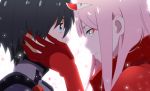  1boy 1girl aqua_eyes black_hair close-up darling_in_the_franxx eye_contact eyeshadow from_side hairband hand_on_another&#039;s_cheek hand_on_another&#039;s_face hetero hiro_(darling_in_the_franxx) horns light_particles long_hair looking_at_another maiko_(mimi) makeup pink_hair profile sidelocks simple_background upper_body white_background white_hairband zero_two_(darling_in_the_franxx) 