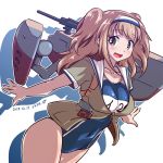 547th_sy :d breasts brown_eyes clothes_writing covered_navel hairband i-26_(kantai_collection) kantai_collection large_breasts light_brown_hair long_hair looking_at_viewer machinery name_tag old_school_swimsuit one-piece_swimsuit open_clothes open_mouth rigging sailor_collar school_swimsuit short_sleeves simple_background smile swimsuit swimsuit_under_clothes twitter_username two-tone_hairband two_side_up 