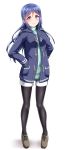  1girl aqua_sweater black_legwear blue_coat blue_hair blush brown_footwear commentary_request duffel_coat full_body hair_down hair_ornament hairpin hands_in_pockets highres hood hood_down long_hair long_sleeves looking_at_viewer love_live! love_live!_sunshine!! matsuura_kanan pantyhose shoes shorts simple_background smile solo standing violet_eyes white_background yopparai_oni 