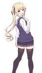  1girl :d black_legwear blonde_hair blue_eyes blush fang from_behind hair_ribbon hand_on_own_chest kneepits long_hair long_sleeves looking_at_viewer open_mouth pleated_skirt remora180 ribbon saenai_heroine_no_sodatekata sailor_collar sailor_shirt sawamura_spencer_eriri school_uniform shirt simple_background skirt smile solo sweater_vest thigh-highs twintails zettai_ryouiki 