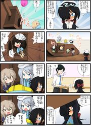  1boy 6+girls anchovy ball black_hair blonde_hair blue_eyes blue_neckwear bow climbing comic cutlass_(girls_und_panzer) dixie_cup_hat flint_(girls_und_panzer) girls_und_panzer glass green_hair grey_hair ground_vehicle hair_bow hat highres jinguu_(4839ms) katyusha kindergarten_uniform looking_at_another mika_(girls_und_panzer) military military_hat military_vehicle milk motor_vehicle multiple_girls murakami_(girls_und_panzer) necktie ogin_(girls_und_panzer) ponytail seiza shimada_arisu short_hair sitting suit_jacket table tank translation_request tsuji_renta water_gun yellow_eyes younger 