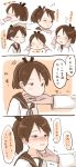  1girl 3koma :o animal_ears biting blush brown_hair cat_ears cheek_pinching closed_eyes comic commentary_request crying crying_with_eyes_open hair_ribbon hamumilk hand_biting hand_on_another&#039;s_chin head highres kantai_collection multiple_views nose_blush petting pinching ponytail ribbon school_uniform serafuku shikinami_(kantai_collection) tears translation_request upper_body 