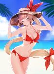  1girl bangs beach bikini blush bow breasts brown_hair clarisse_(granblue_fantasy) cleavage closed_mouth cowboy_shot day front-tie_bikini front-tie_top granblue_fantasy green_eyes hair_bow hands_on_headwear hat hat_bow horizon long_hair looking_at_viewer medium_breasts navel outdoors ponytail red_bikini remora180 side-tie_bikini smile solo straw_hat sun_hat swept_bangs swimsuit very_long_hair 