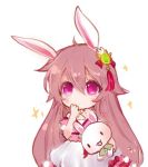  1girl animal_ears aura_kingdom bangs blush brown_hair chibi closed_mouth dress eyebrows_visible_through_hair hair_between_eyes hair_ornament hand_to_own_mouth holding holding_stuffed_animal long_hair looking_at_viewer lowres maodouzi pink_dress rabbit_ears serena_(aura_kingdom) simple_background solo sparkle stuffed_animal stuffed_bunny stuffed_toy very_long_hair violet_eyes white_background 