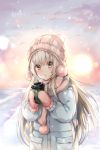  1girl ahoge backlighting beanie blonde_hair blue_coat blush breasts breath brown_eyes clouds coat cup day eyebrows_visible_through_hair hat holding holding_cup long_hair long_sleeves looking_at_viewer medium_breasts mittens noodle-y original outdoors parted_lips pocket scarf snowing solo sunlight tareme upper_body very_long_hair winter winter_clothes winter_coat 