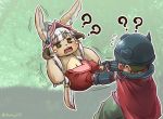  1boy 1girl ? animal_ears bangs brown_hair cape chamaji commentary_request ears_through_headwear eyebrows_visible_through_hair facial_mark floating flying_sweatdrops furry grass hat helmet highres horned_helmet long_hair made_in_abyss mechanical_arms nanachi_(made_in_abyss) open_mouth pants paws pulling regu_(made_in_abyss) signature tail tree whiskers white_hair 