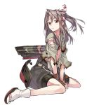  1girl aircraft airplane arrow brown_eyes brown_hair camouflage clog_sandals full_body gloves hachimaki hair_ribbon hakama headband high_ponytail japanese_clothes kantai_collection konishi_(koconatu) light_brown_hair long_hair long_sleeves lowres official_art partly_fingerless_gloves ponytail remodel_(kantai_collection) ribbon single_glove solo transparent_background yugake zuihou_(kantai_collection) 