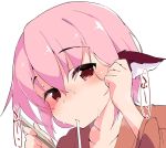  1girl animal_ears bangs blush chopsticks collarbone eating eyebrows_visible_through_hair food hair_tucking holding japanese_clothes long_sleeves looking_at_viewer mystia_lorelei no_hat no_headwear noodles okamisty pink_hair portrait red_eyes short_hair simple_background solo sweat tera_zip touhou udon white_background 